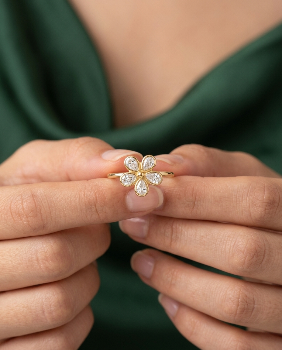 14KT Gold Bezeled Diamond Flower Design Ring view 2