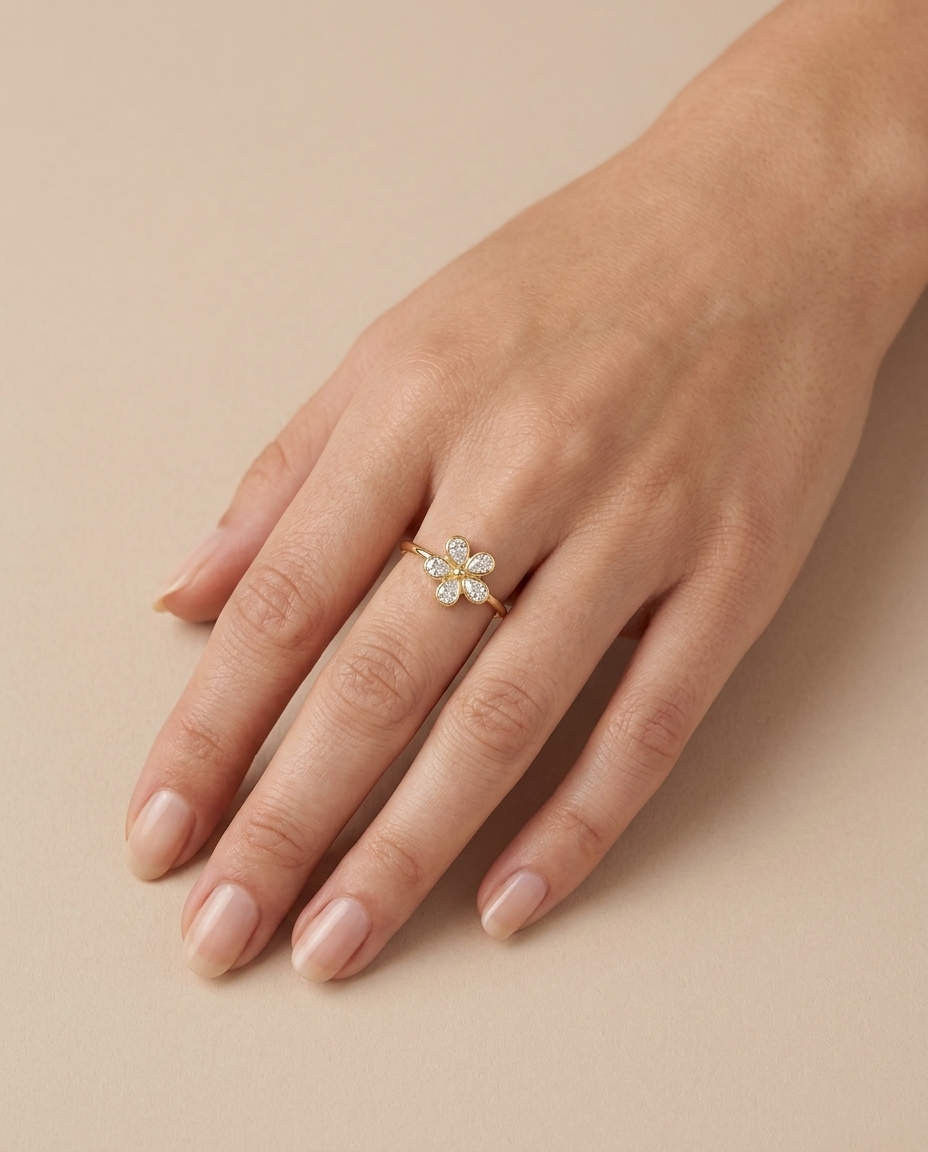 14KT Gold Bezeled Diamond Flower Design Ring on model