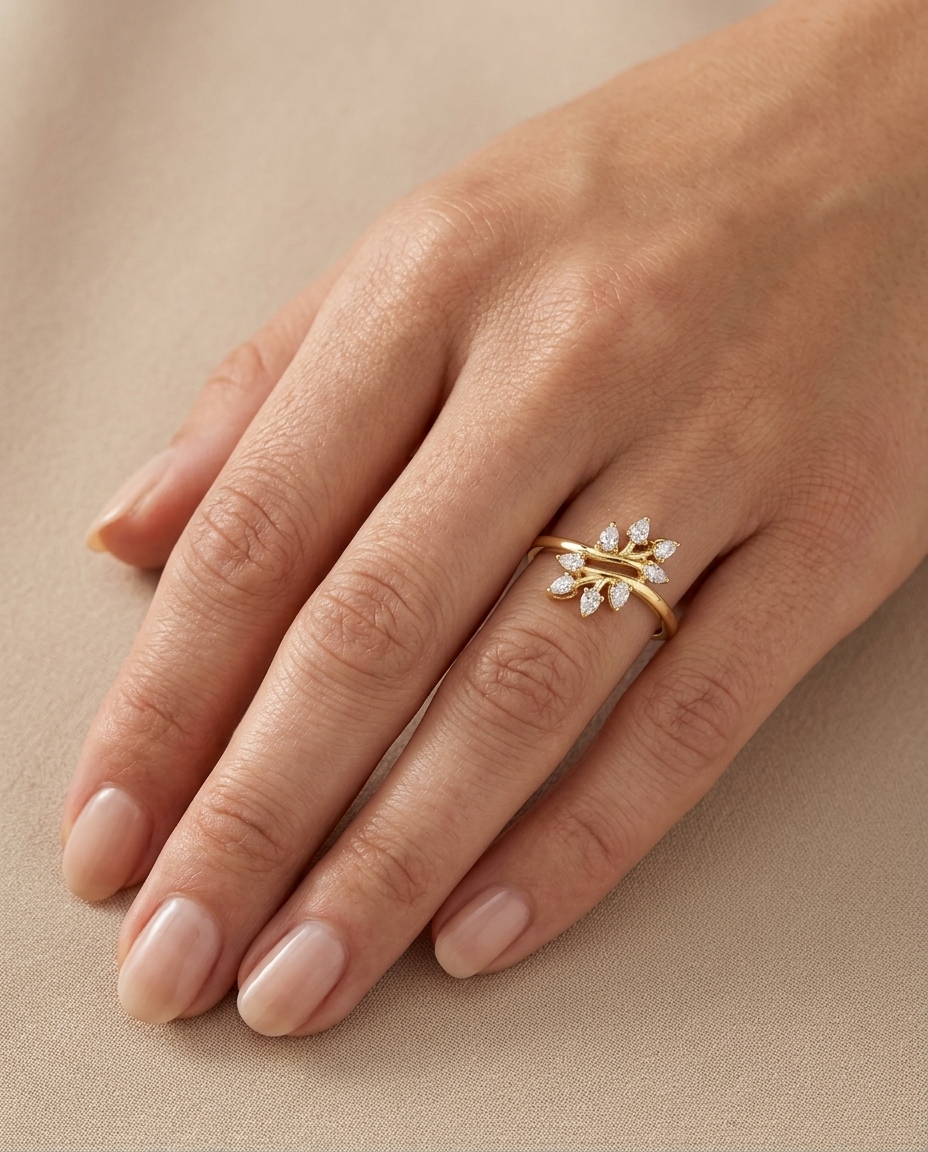 14KT Gold Branch Leaf Design Diamond Ring on model