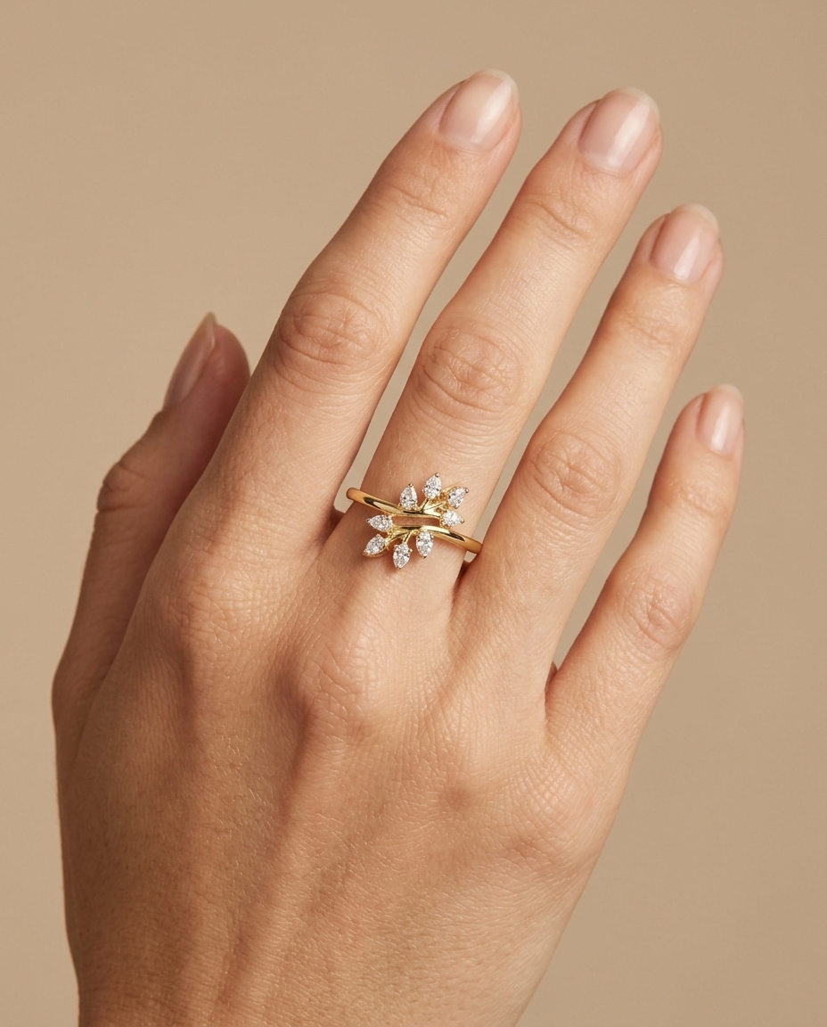 14KT Gold Branch Leaf Design Diamond Ring view 2