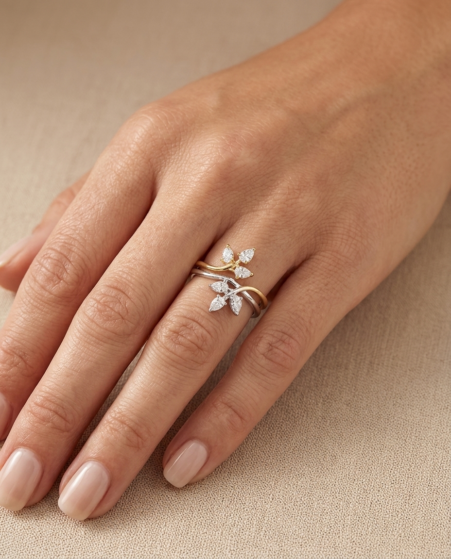 14KT Gold Tri-Leaf Design Diamond Ring on model