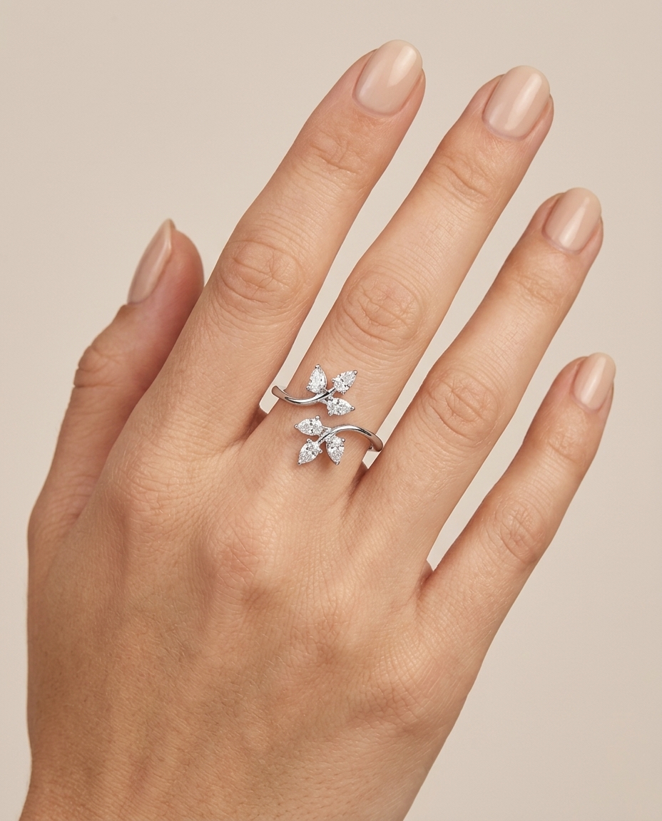 14KT Gold Tri-Leaf Design Diamond Ring on model