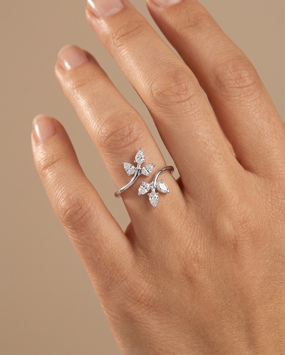 14KT Gold Tri-Leaf Design Diamond Ring on model
