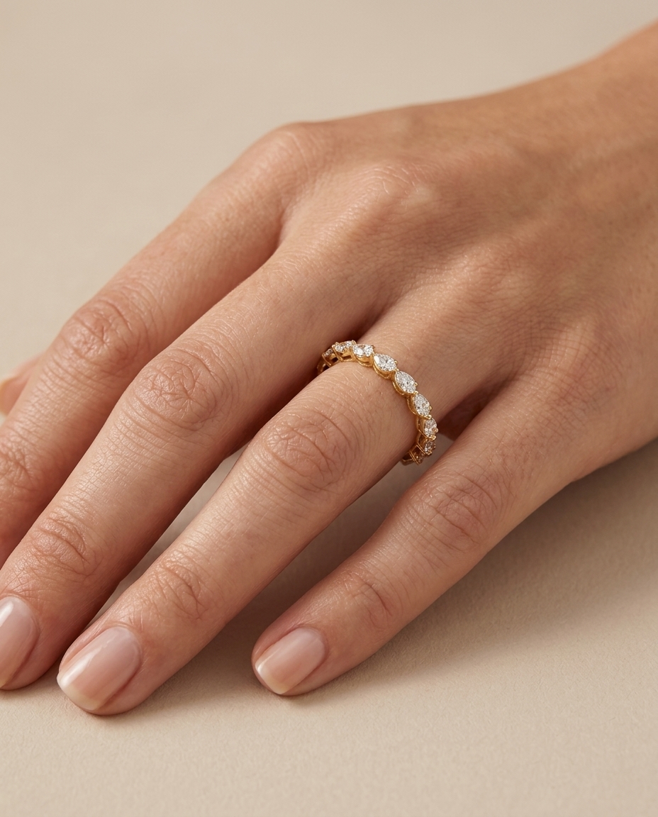 14KT Gold Ring with Pear Shape Diamonds on model