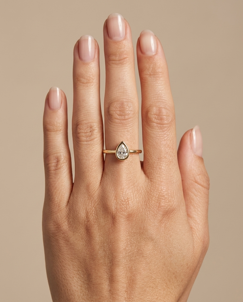 14KT Gold Ring with Single Bezeled Pear Shape Diamond on model