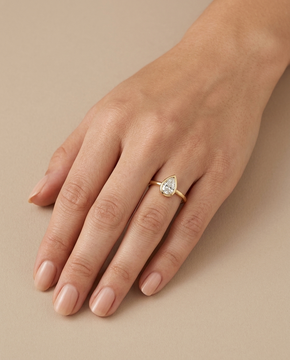 14KT Gold Ring with Single Bezeled Pear Shape Diamond on model
