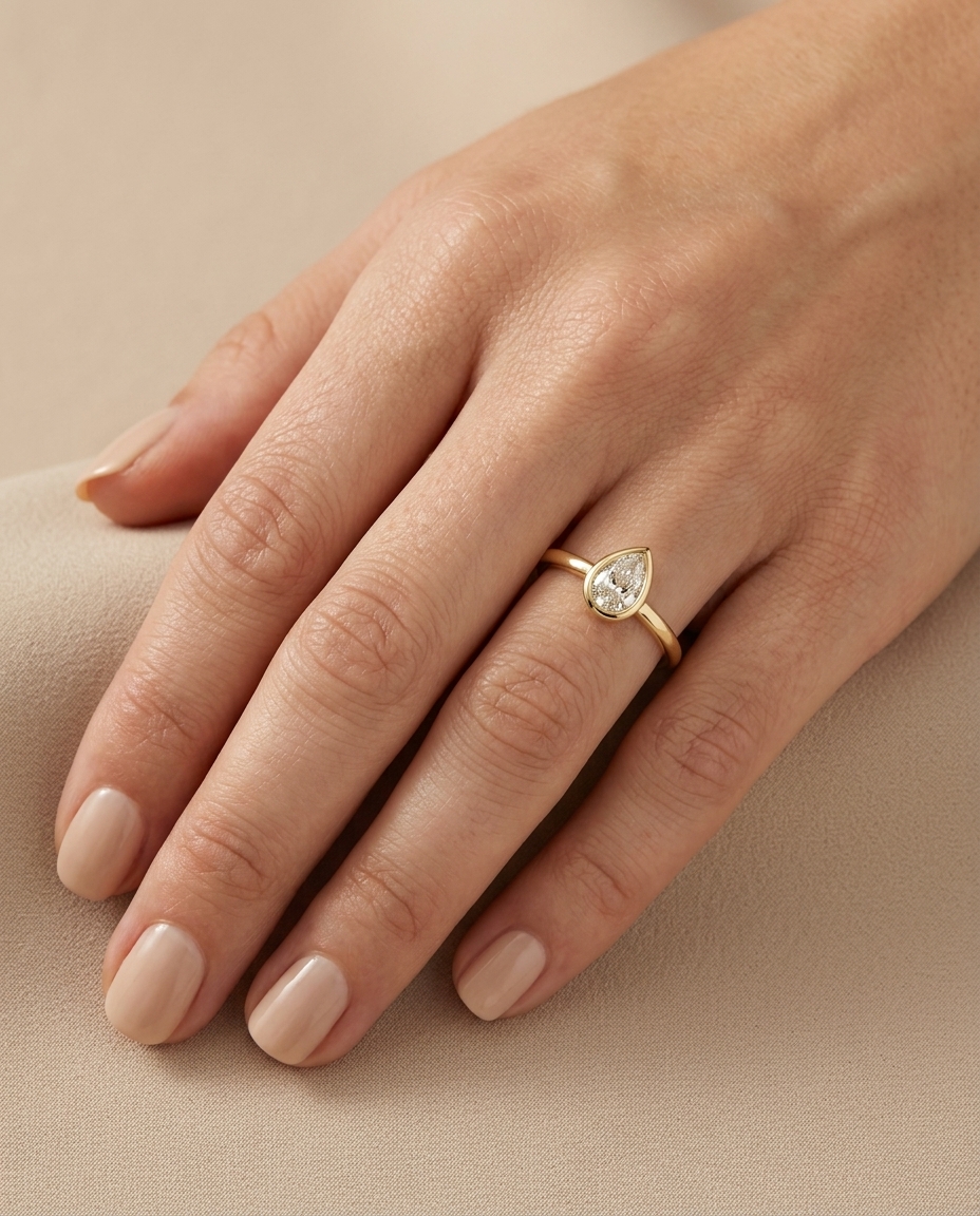 14KT Gold Ring with Single Bezeled Pear Shape Diamond on model