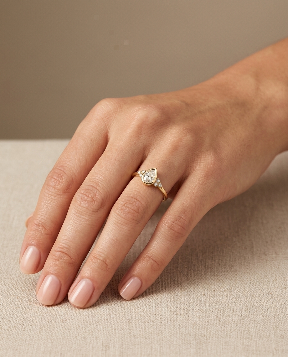 14KT Gold Ring with Single Bezeled Pear Shape Diamond on model