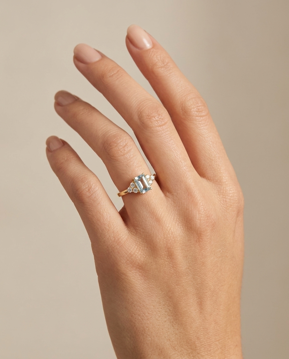 14KT Yellow Gold Aquamarine and Diamonds Ring on model