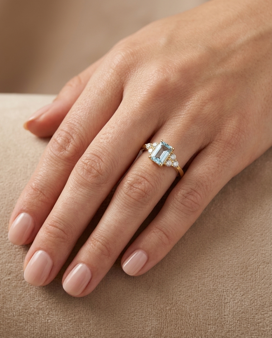 14KT Yellow Gold Aquamarine and Diamonds Ring on model