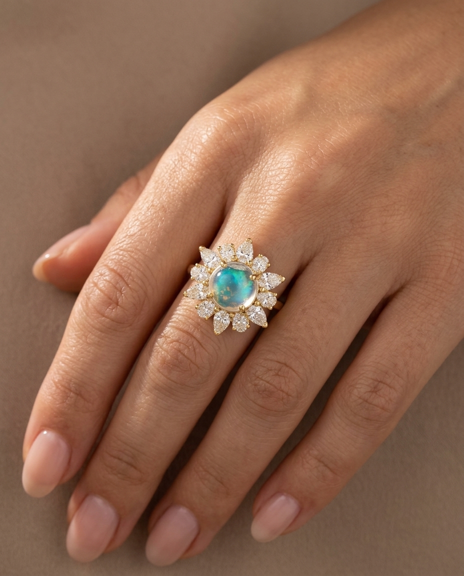 14KT Yellow Gold Rainbow Moonstone and Diamonds Ring on model