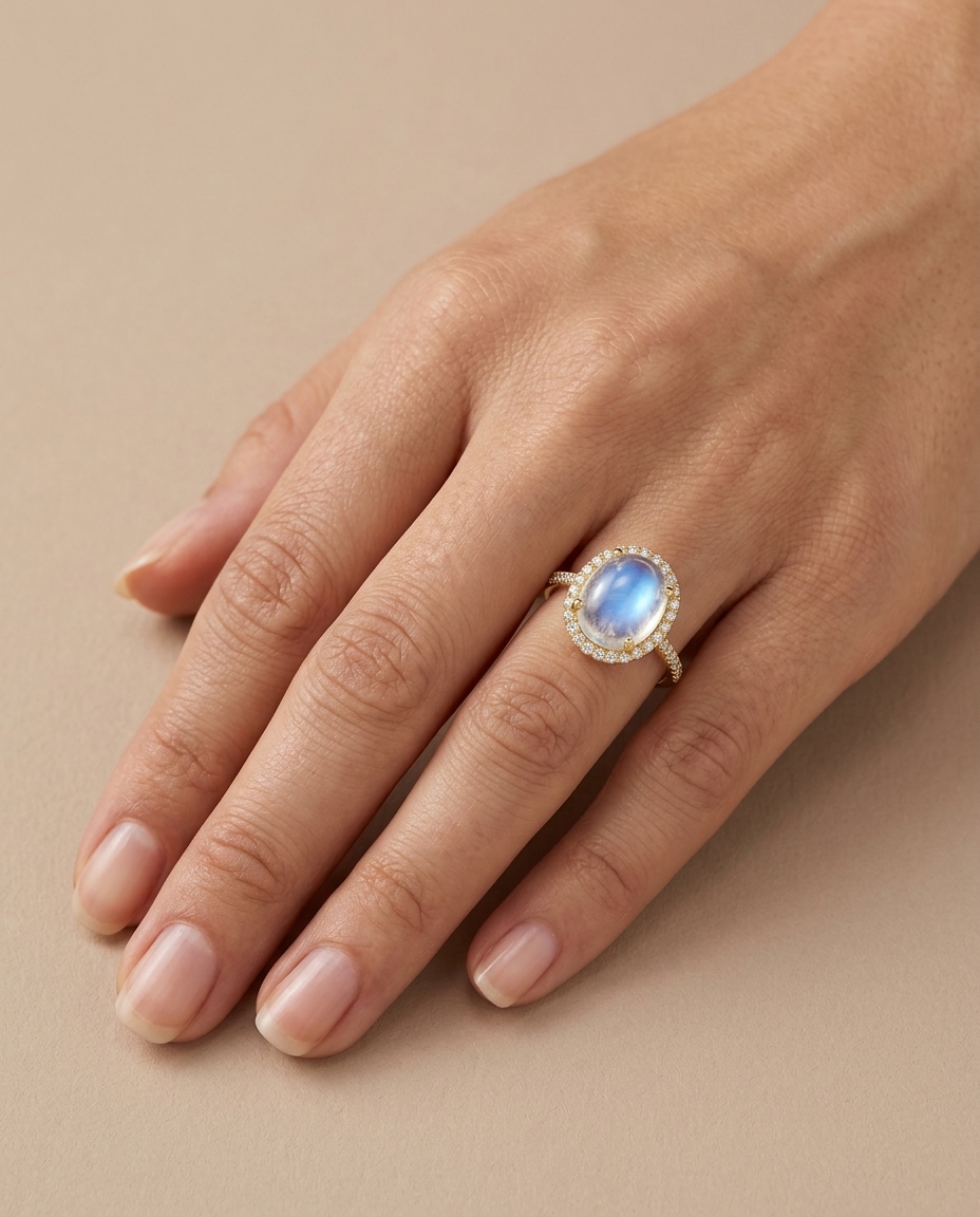 14KT Yellow Gold Rainbow Moon Stone and Diamond Ring on model