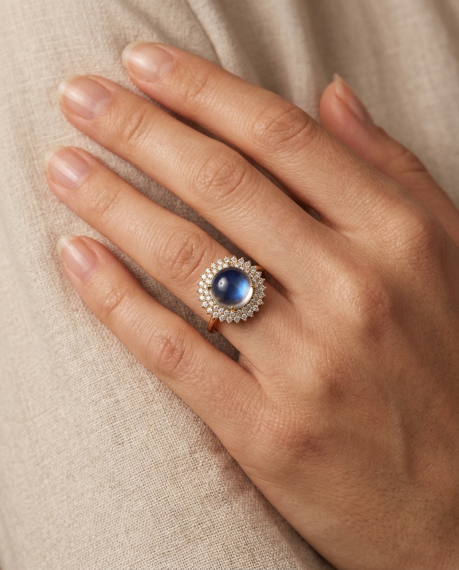 14KT Yellow Gold Rainbow Moonstone and Diamonds Ring on model