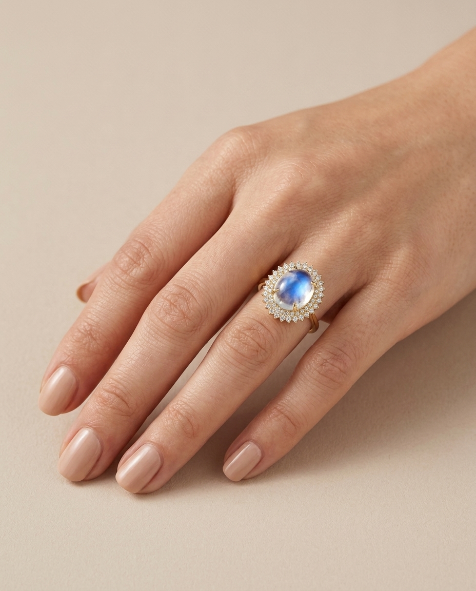 14KT Yellow Gold Rainbow Moonstone and Diamonds Ring on model