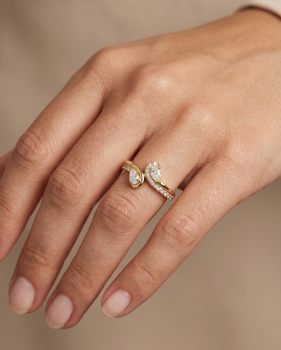 14KT Gold Diamonds and Pear Shape Champagne Diamond Ring on model