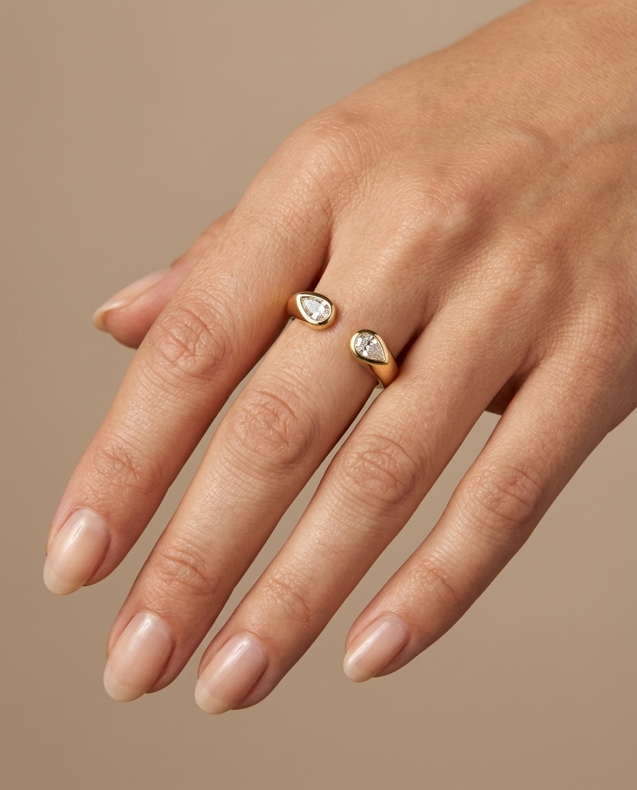 14KT Gold Pear Shape Diamond Open Ended Ring on model