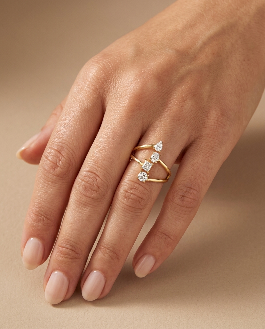 14KT Gold Diamonds Ring on model