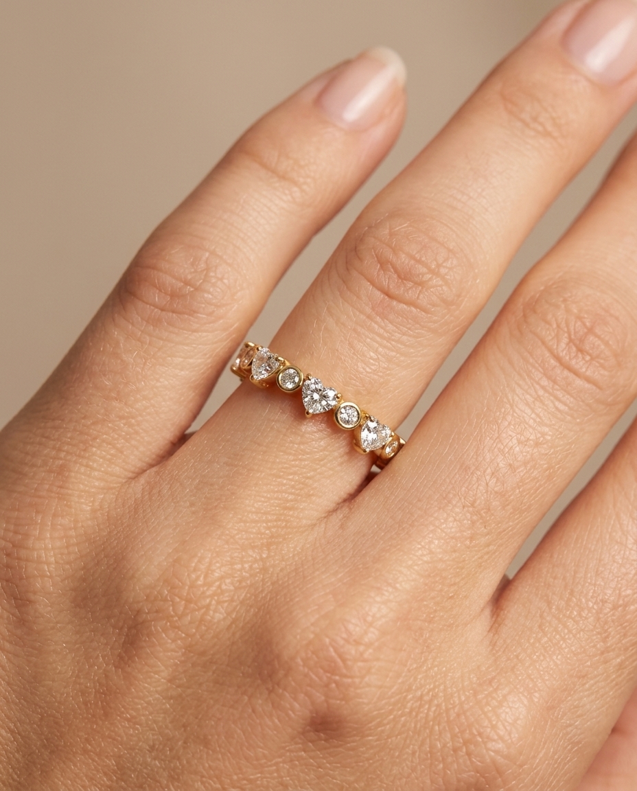14KT Gold Diamonds and Heart Shape Diamond Ring on model