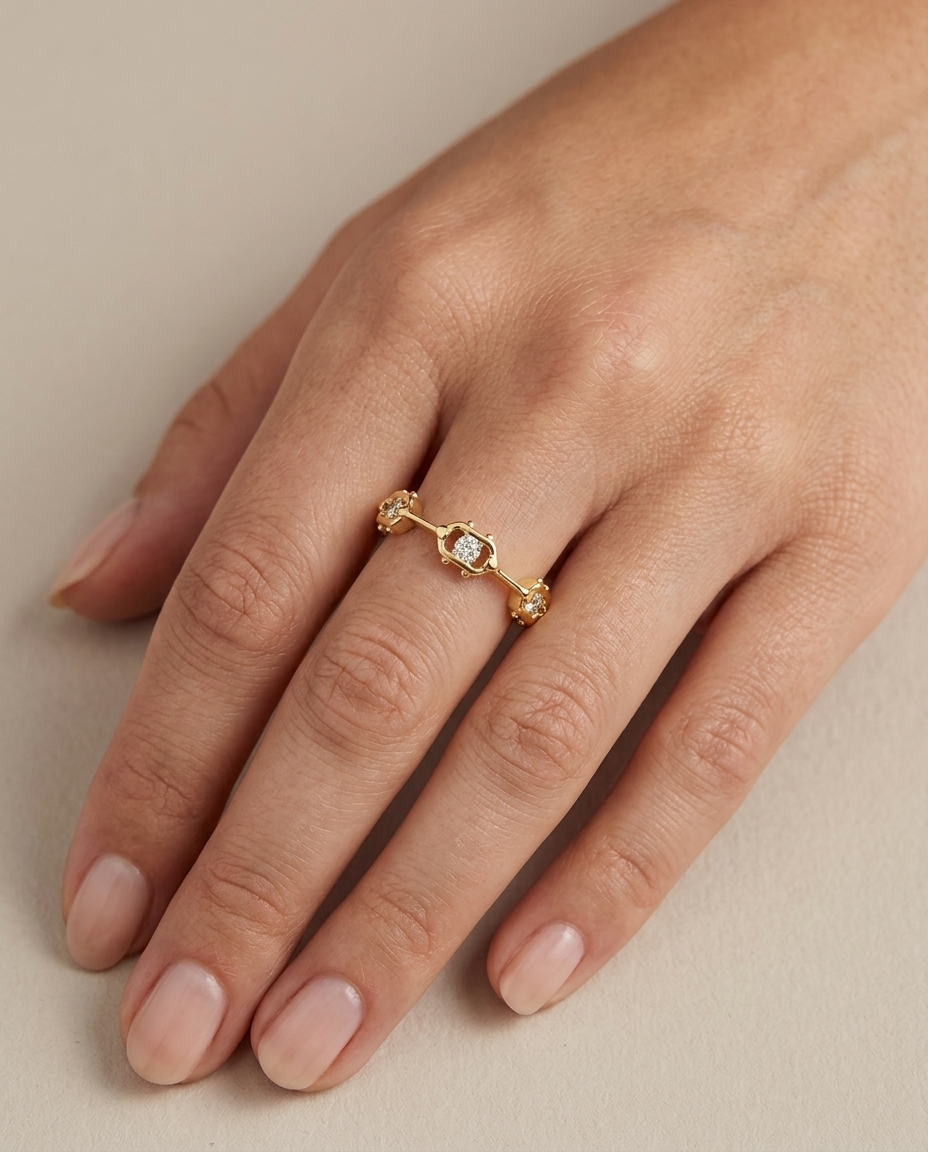 14KT Yellow Gold Diamond Station Eternity Ring on model