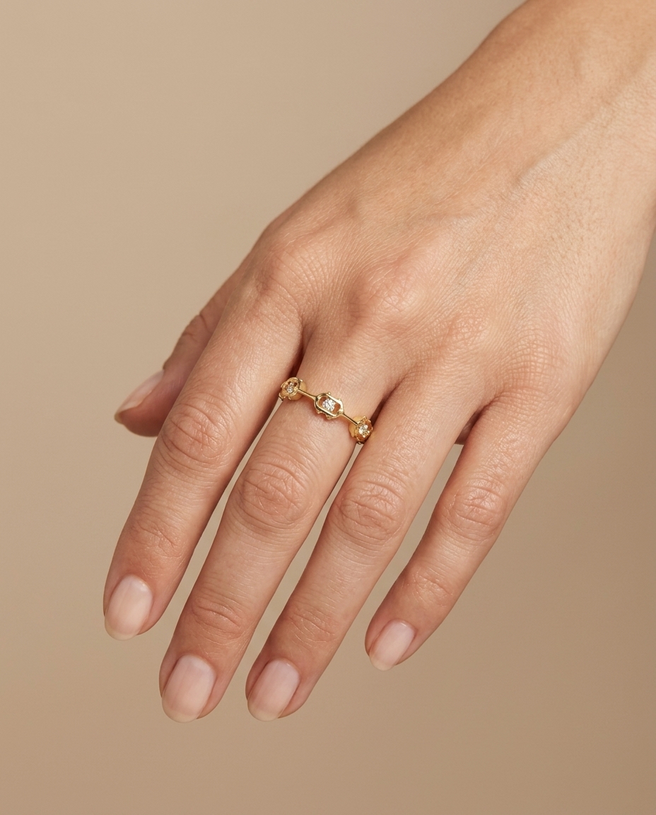 14KT Yellow Gold Diamond Station Eternity Ring on model