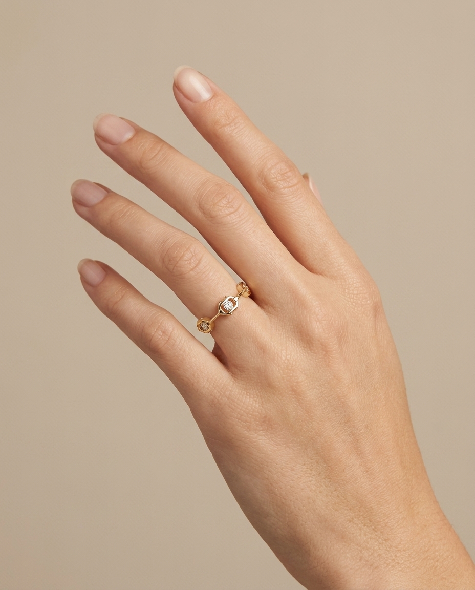14KT Yellow Gold Diamond Station Eternity Ring on model