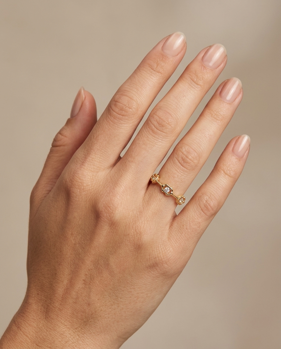 14KT Yellow Gold Diamond Station Eternity Ring on model