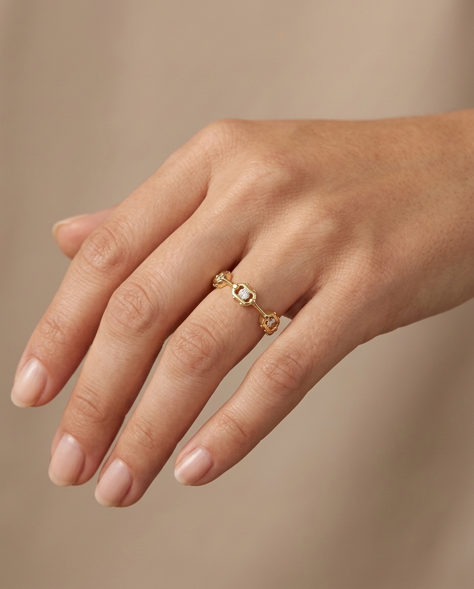 14KT Yellow Gold Diamond Station Eternity Ring on model