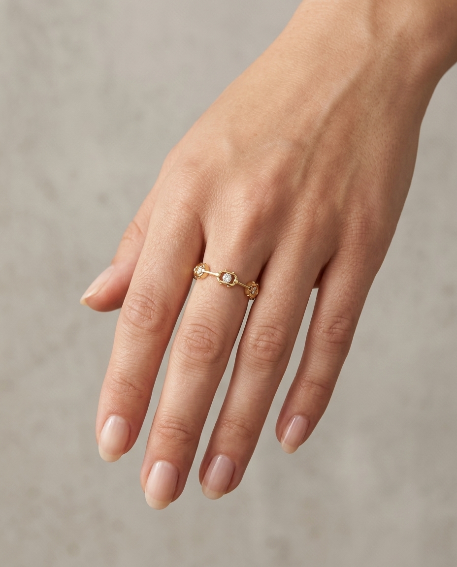 14KT Yellow Gold Diamond Station Eternity Ring on model