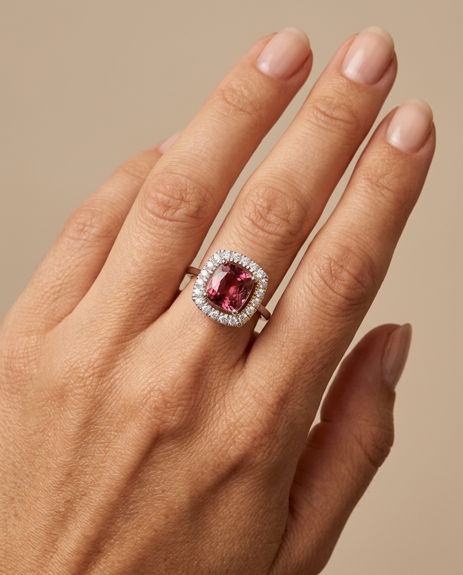14KT White Gold Pink Tourmaline and Diamonds Ring view 2