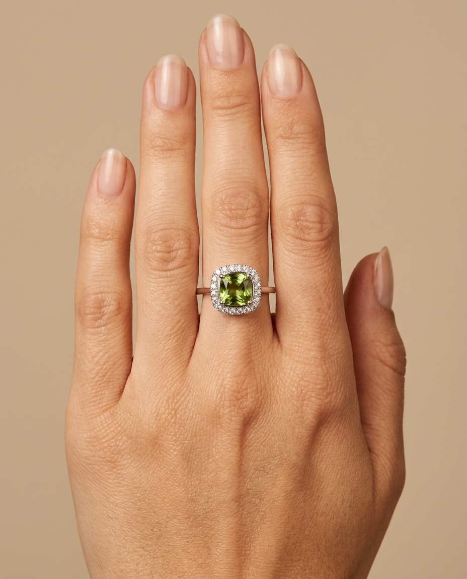 14KT White Gold Green Tourmaline and Diamonds Ring on model