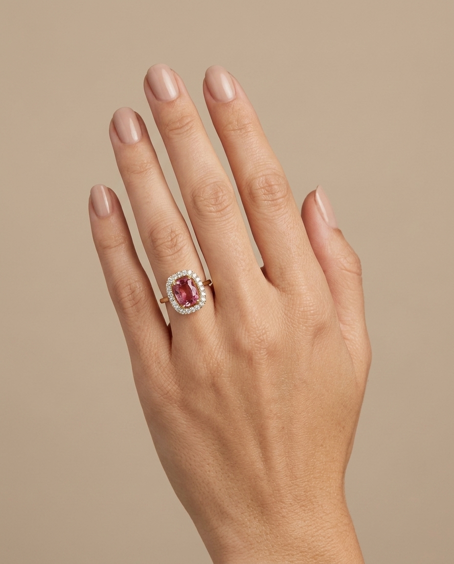 14KT Yellow Gold Pink Tourmaline and Diamonds Ring on model