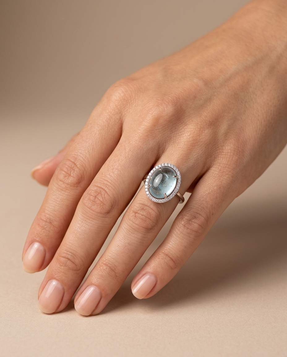 14KT White Gold Aquamarine and Diamonds Ring on model
