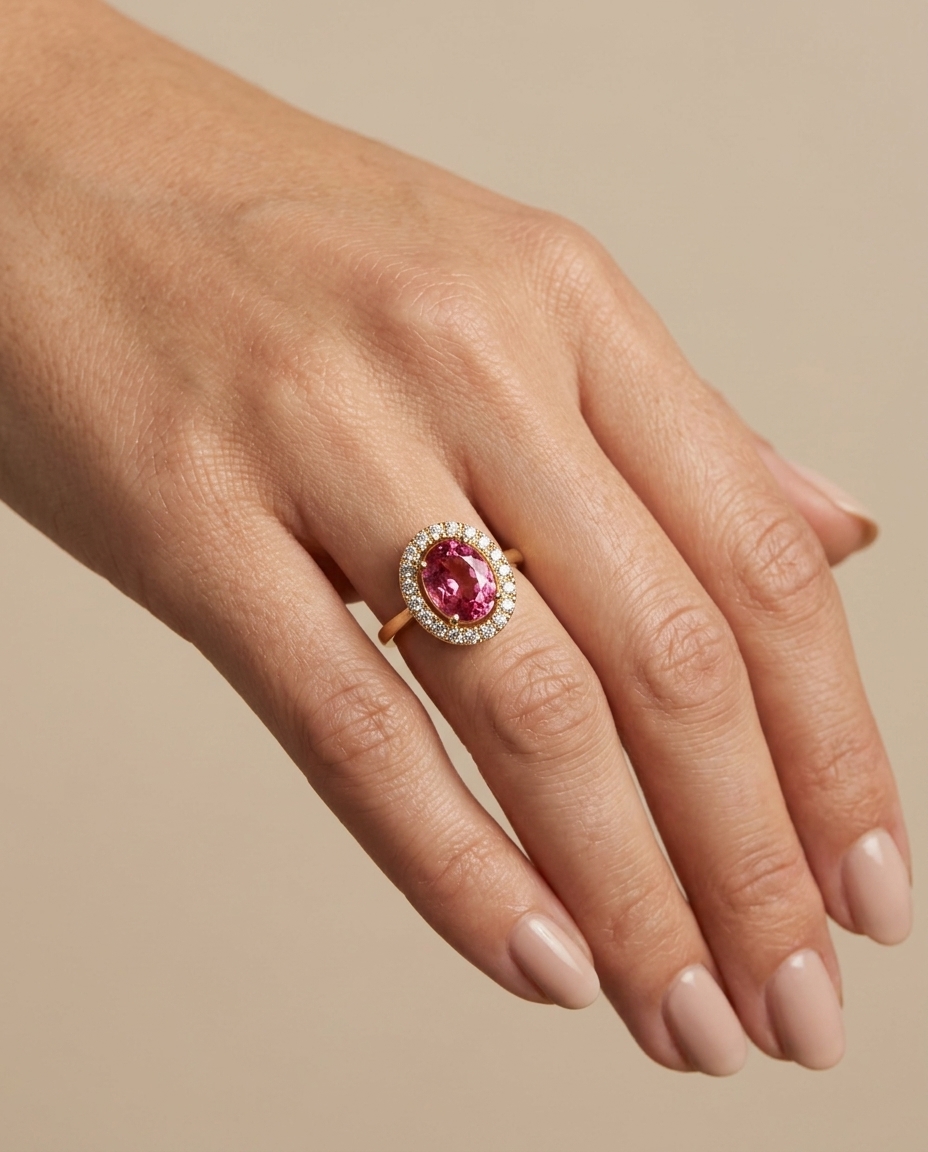 14KT Yellow Gold Pink Tourmaline and Diamonds Ring on model