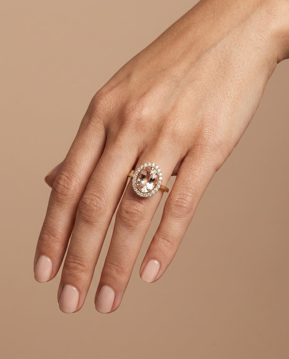 14KT Yellow Gold Morganite and Diamonds Ring on model