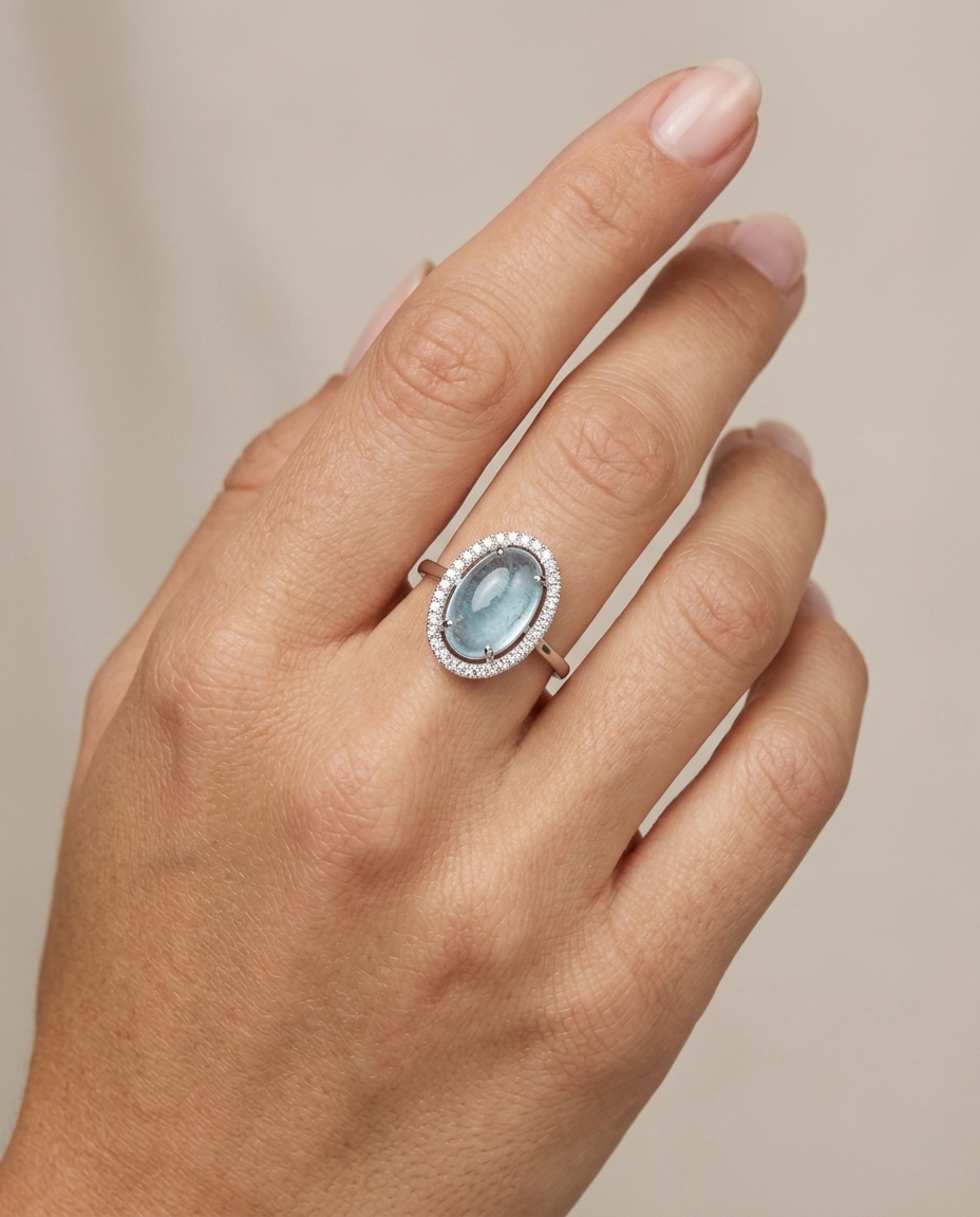 14KT White Gold Aquamarine and Diamonds Ring view 2