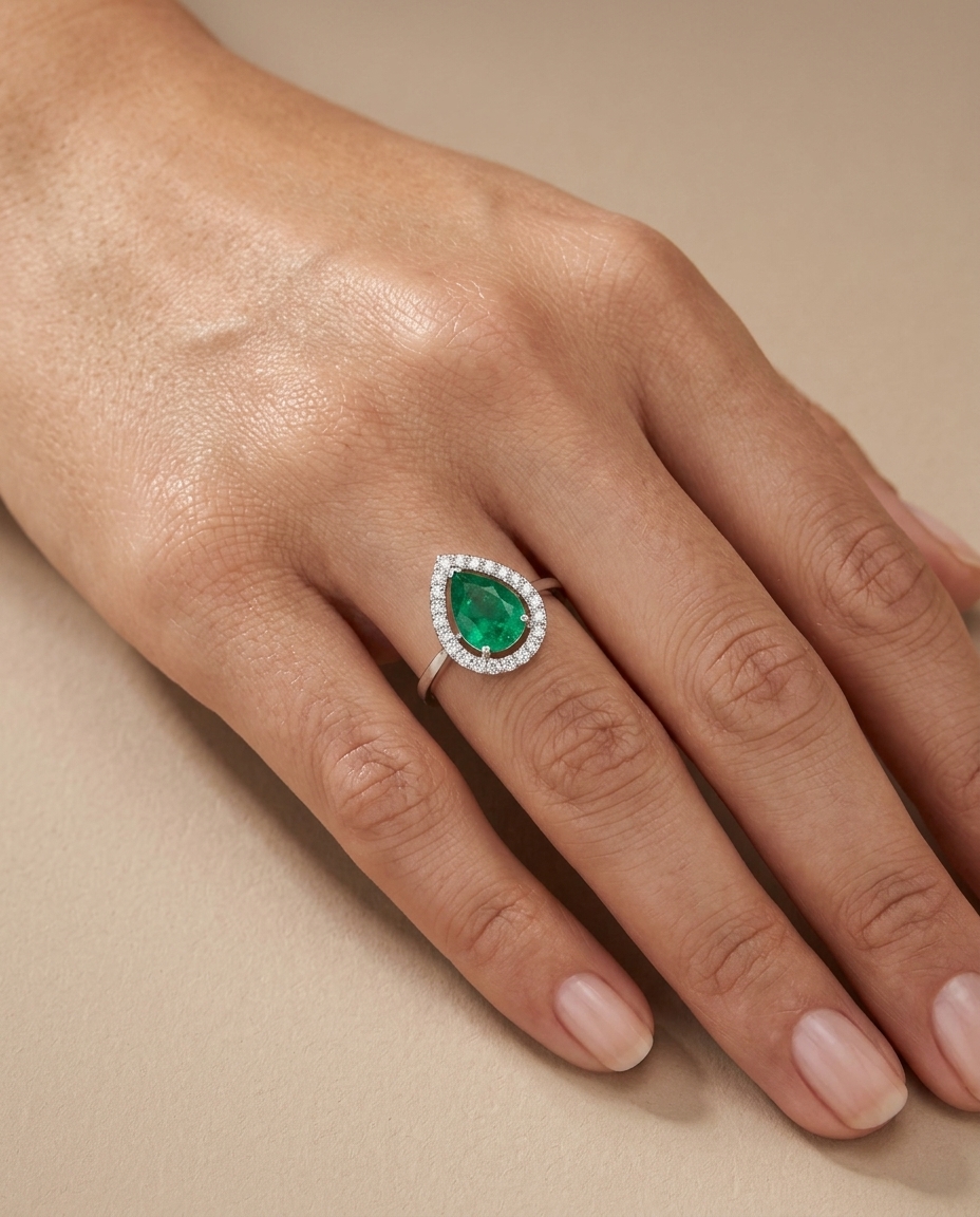 14KT White Gold Emerald and Diamonds Ring on model