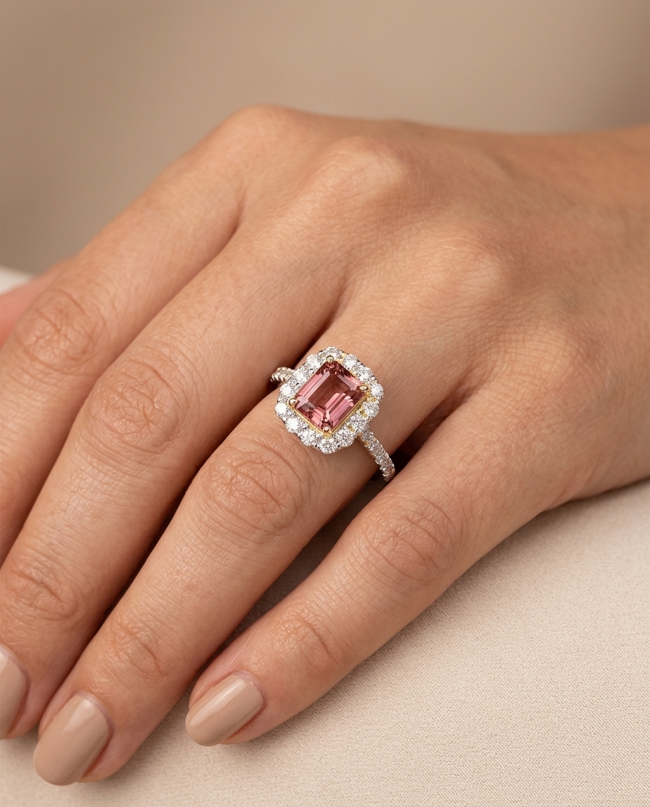 14KT White Gold Pink Tourmaline and Diamonds Ring view 2