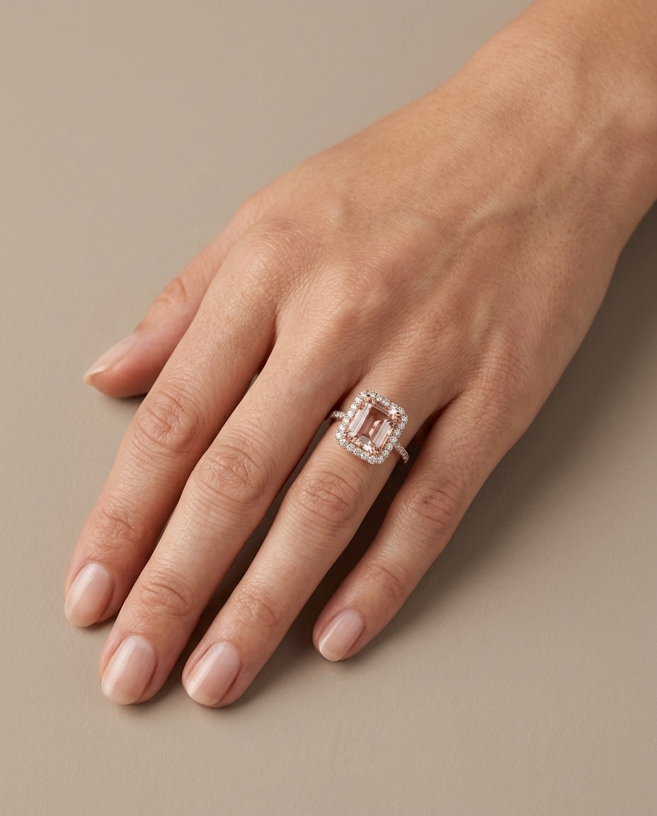 14KT Rose Gold Morganite and Diamonds Ring on model