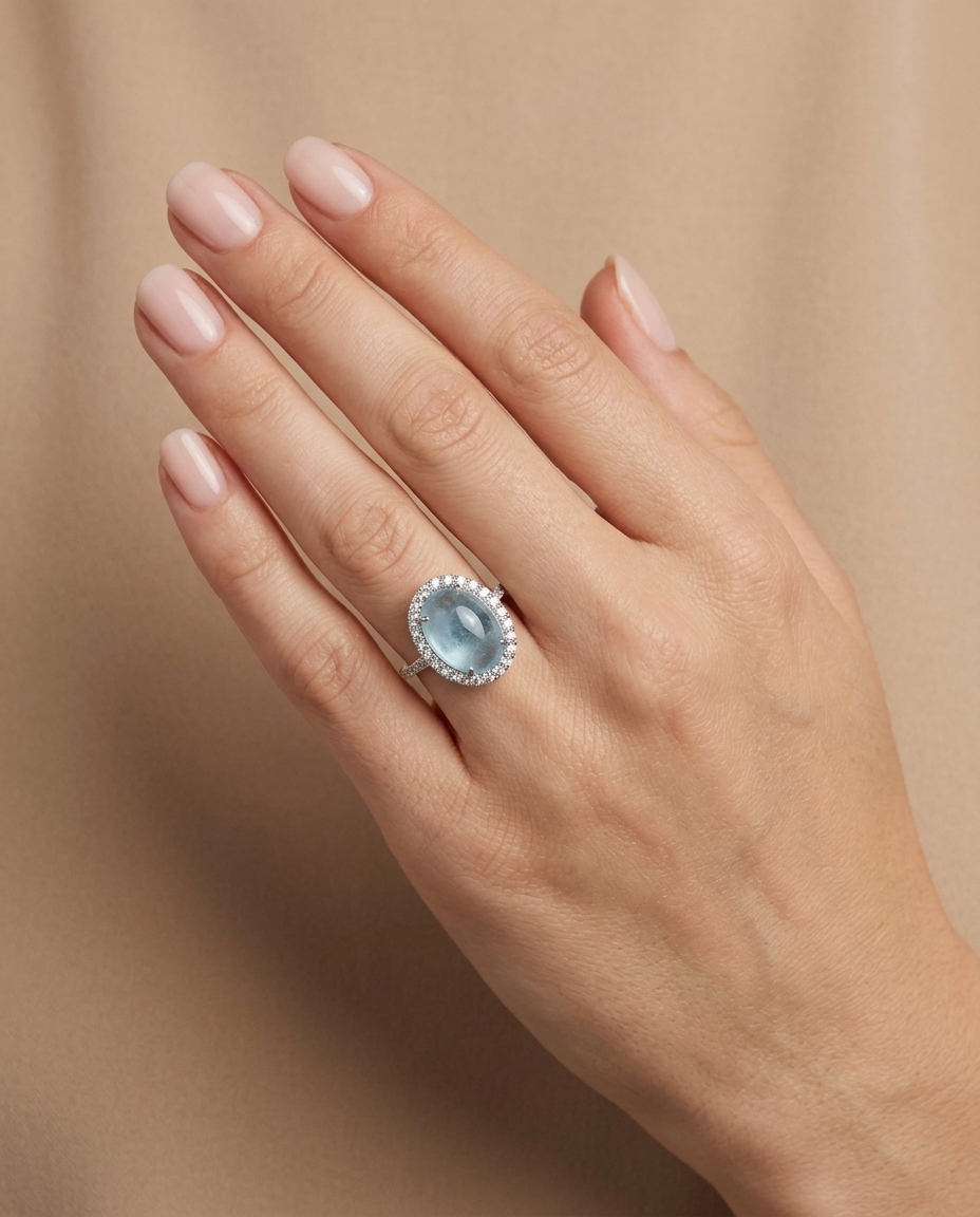 14KT White Gold Aquamarine and Diamonds Ring on model