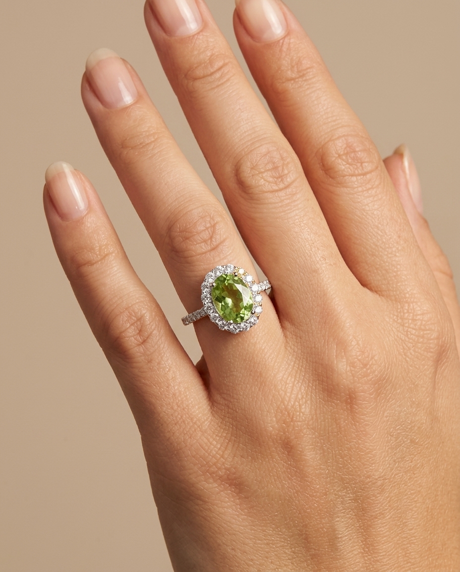 14KT White Gold Green Tourmaline and Diamonds Ring on model