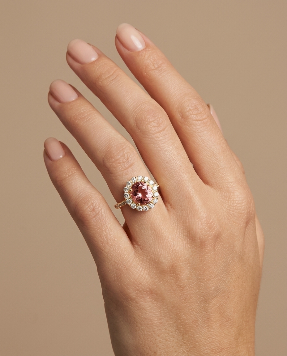 14KT Yellow Gold Pink Tourmaline and Diamonds Ring on model