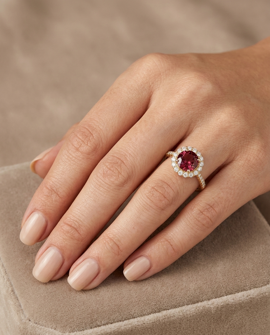 14KT Yellow Gold Pink Tourmaline and Diamonds Ring on model