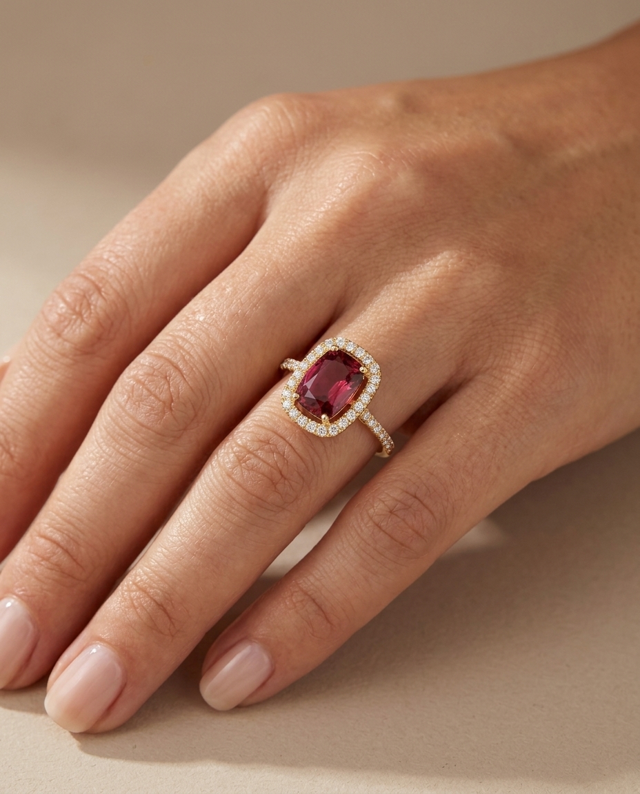 14KT Yellow Gold Pink Tourmaline and Diamonds Ring view 2