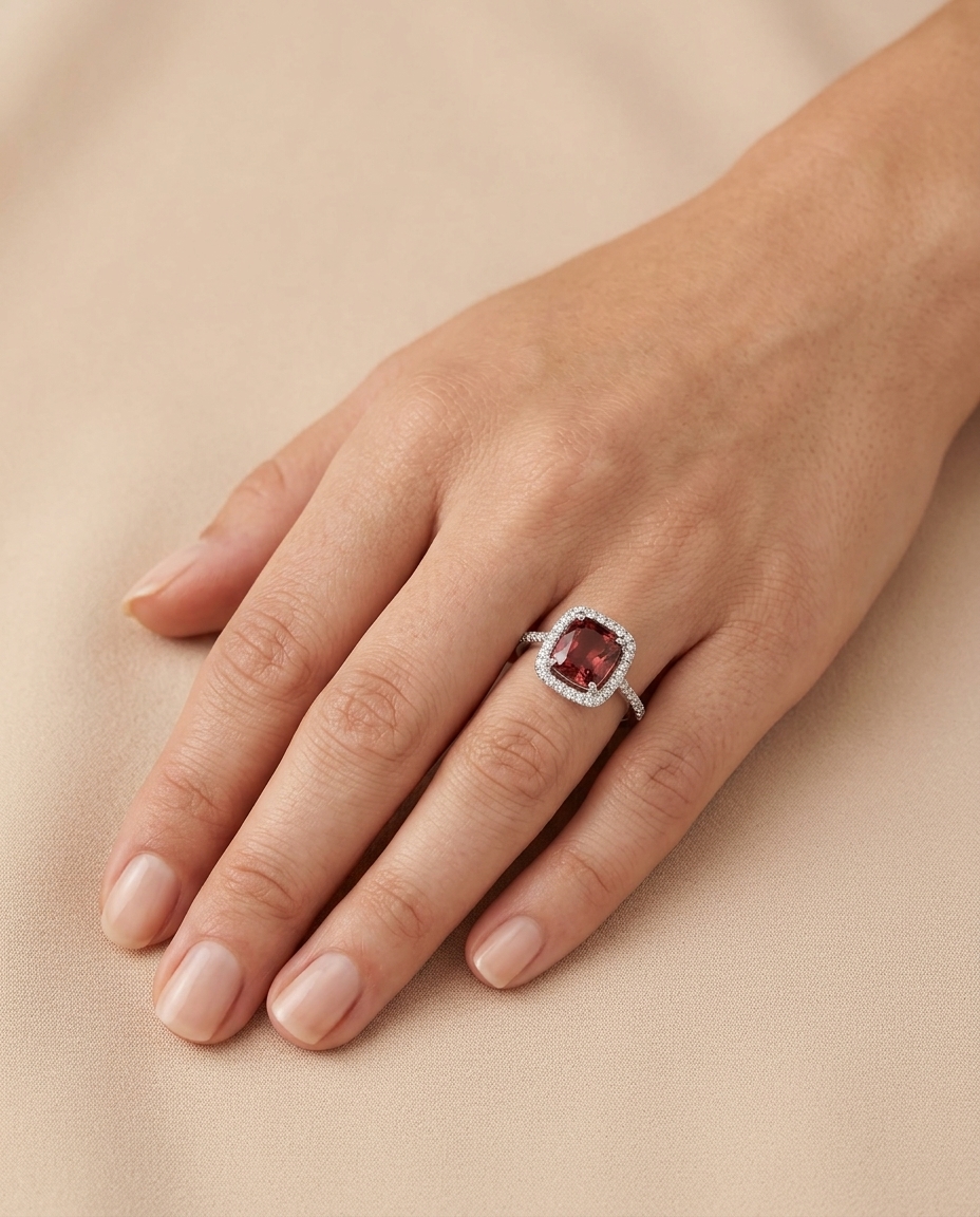 14KT White Gold Pink Tourmaline and Diamonds Ring view 2