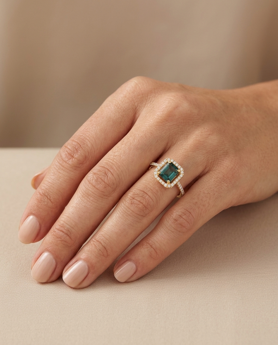 14KT Yellow Gold Green Tourmaline and Diamonds Ring on model