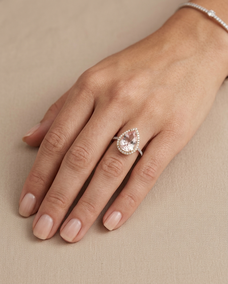 14KT Two Tone Gold Kunzite and Diamonds Ring on model
