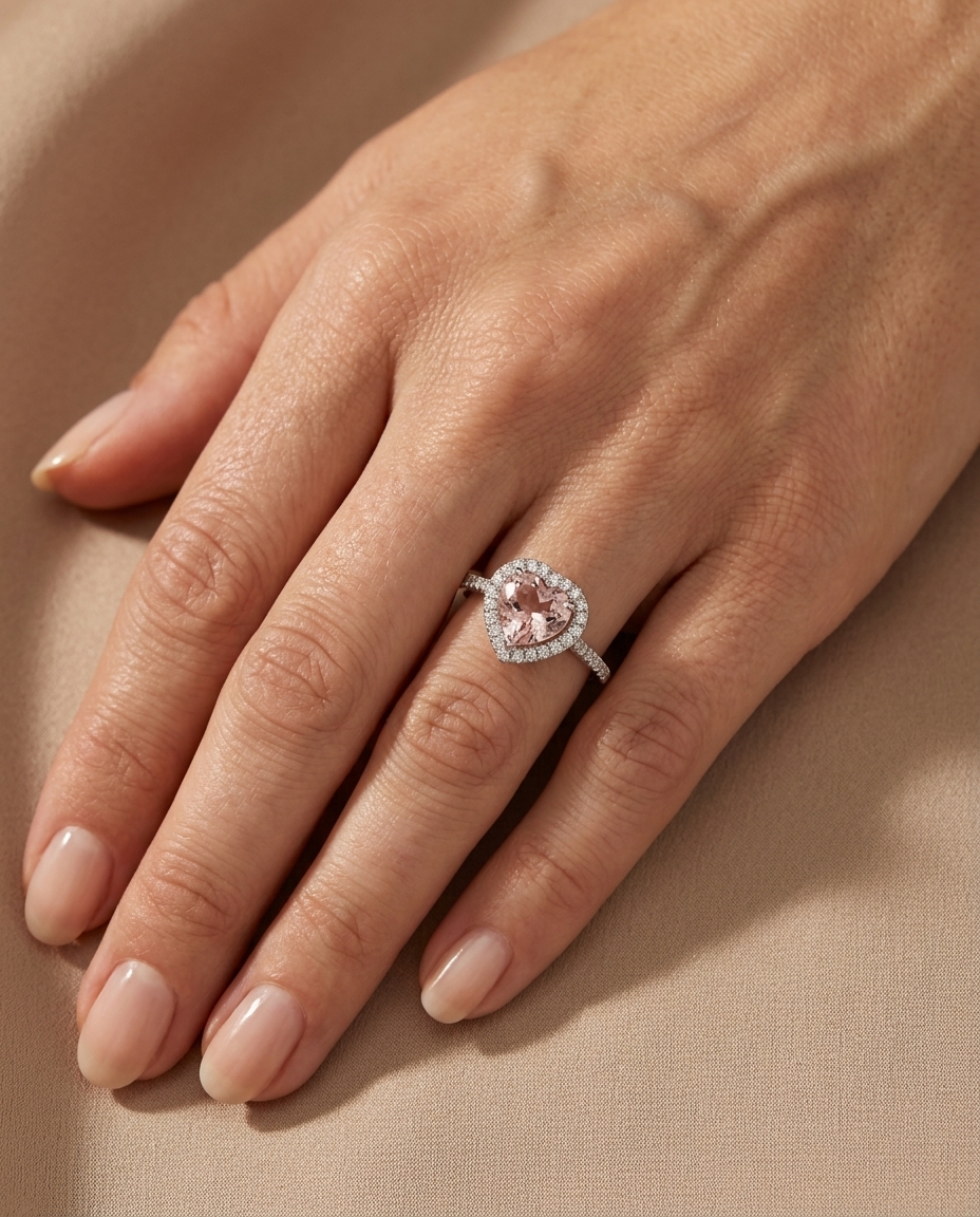 14KT White Gold Heart Shape Pink Tourmaline and Diamonds Ring on model