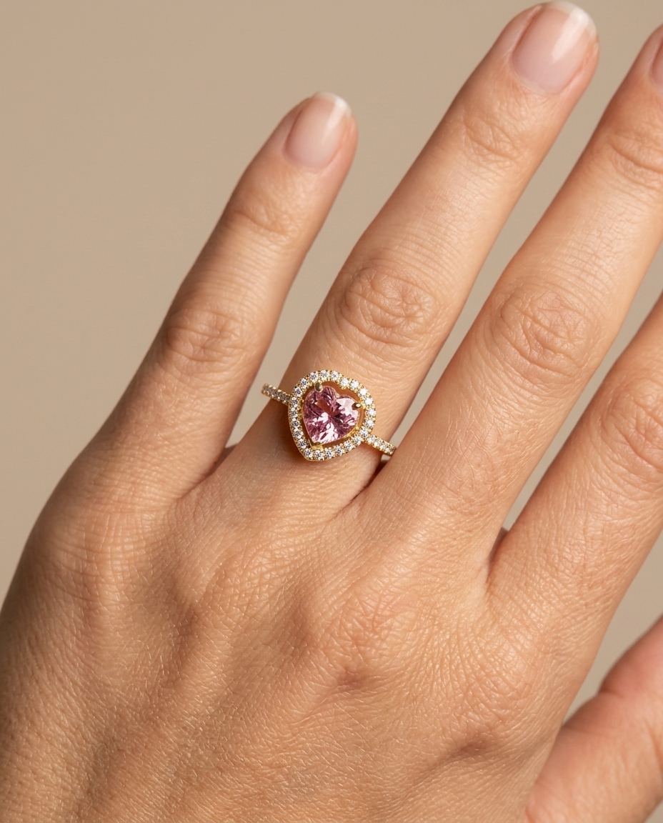 14KT Yellow Gold Heart Shape Pink Tourmaline and Diamonds Ring view 2