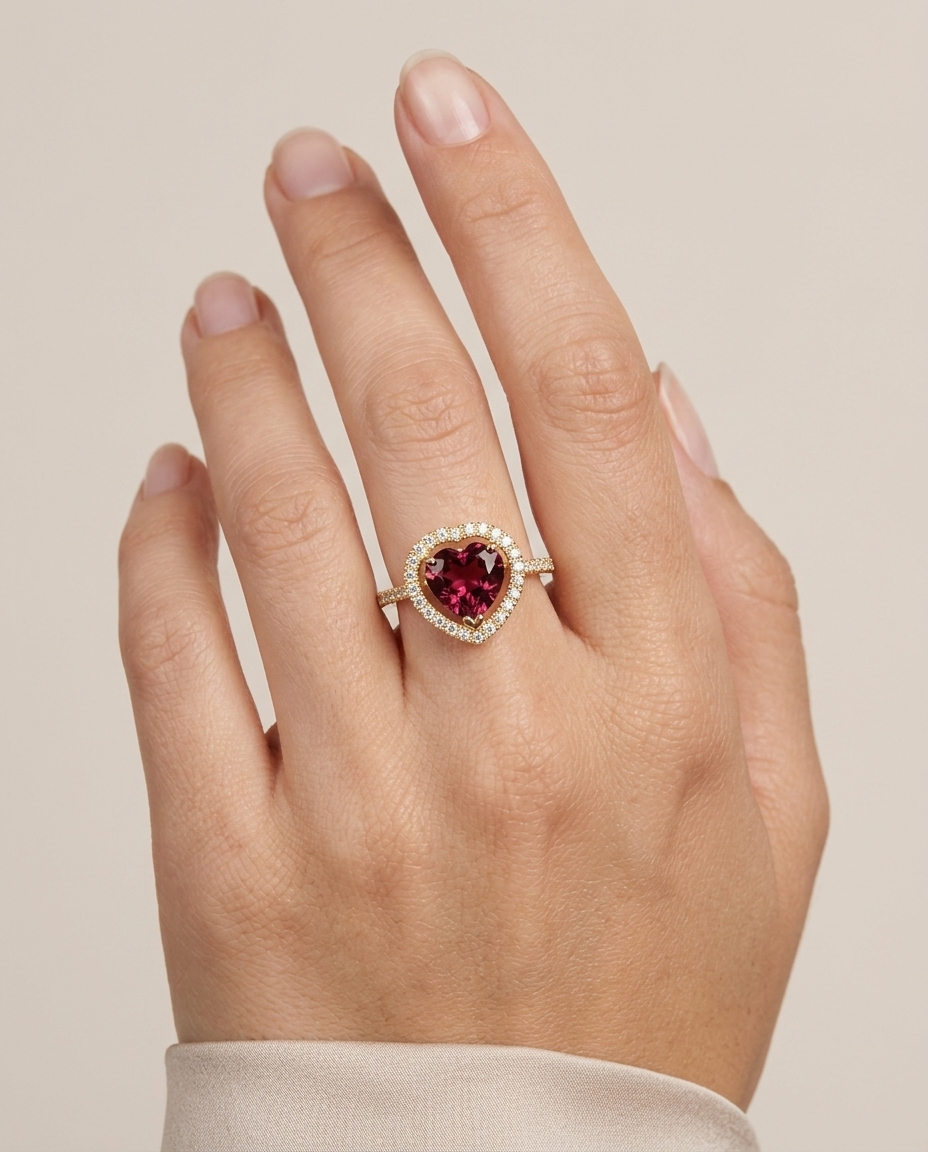 14KT Yellow Gold Pink Tourmaline and Diamonds Heart Ring view 2
