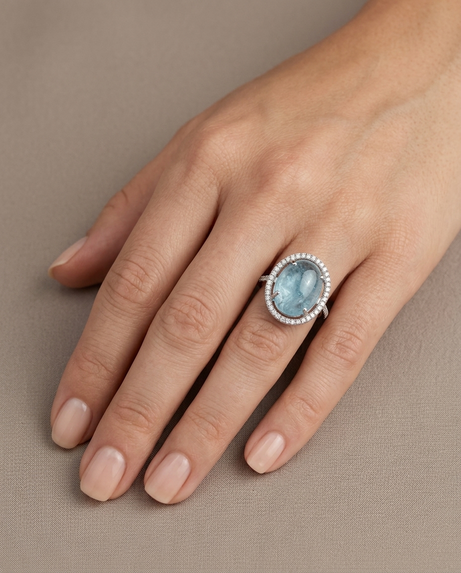 14KT White Gold Aquamarine and Diamonds Ring view 2